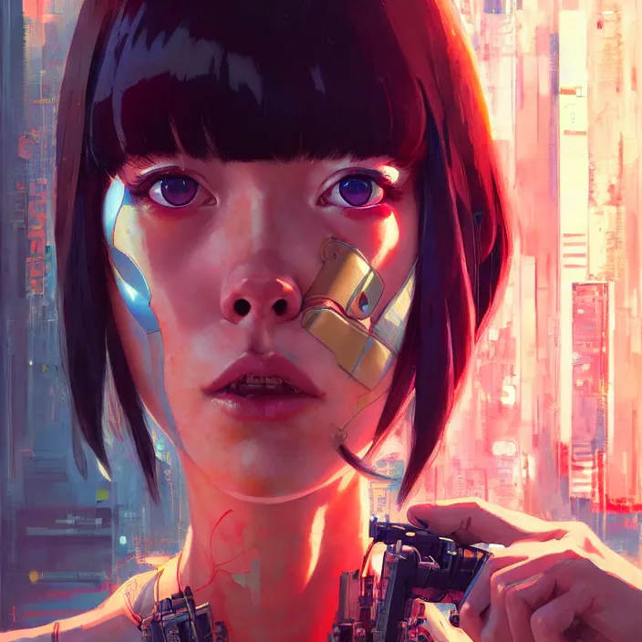 Prompt: cyborg girl | | audrey plaza, fine detail!! anime!! realistic shaded lighting!! poster by ilya kuvshinov katsuhiro otomo ghost - in - the - shell, magali villeneuve, artgerm, jeremy lipkin and michael garmash and rob rey