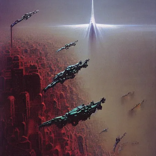 Image similar to a giant mecha evangelion defending the city, painted by zdzislaw beksinski