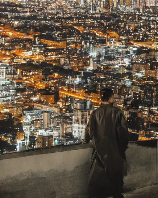 Prompt: a night rooftop scene, light from traffic in the city below, close up shot of a gangster wearing a streetwear trench coat looking at the city below, cinematic composition, in the style of Liam Wong and Makoto Shinkai