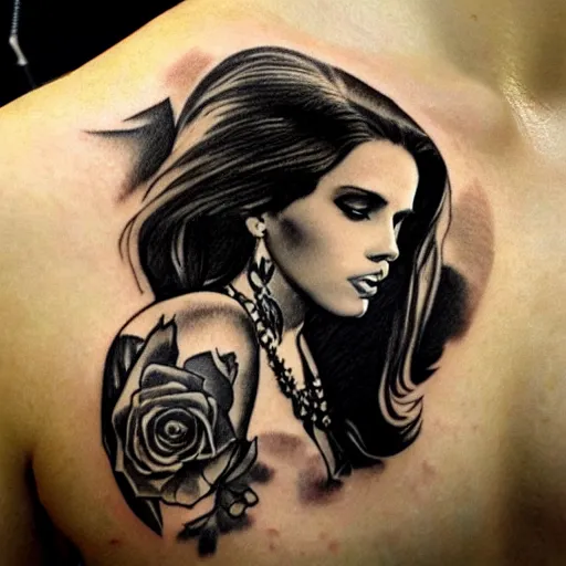 Image similar to Lana del rey tattoo design, photorealistic, dramatic