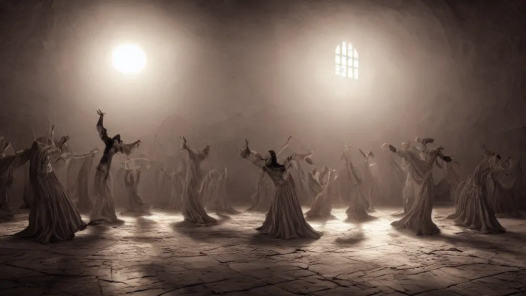 Image similar to tyrkisk sufi dance, sufi, arabic words, bysintine, gothic, 4 k, smokey, michael whelan, peter mohrbache, giovanni paolo panini style epic, volumetric light, insanely detailed, unreal engine render, artstation trends, hyper detail, epic art style, cinematic, concept art, soft white gold lights