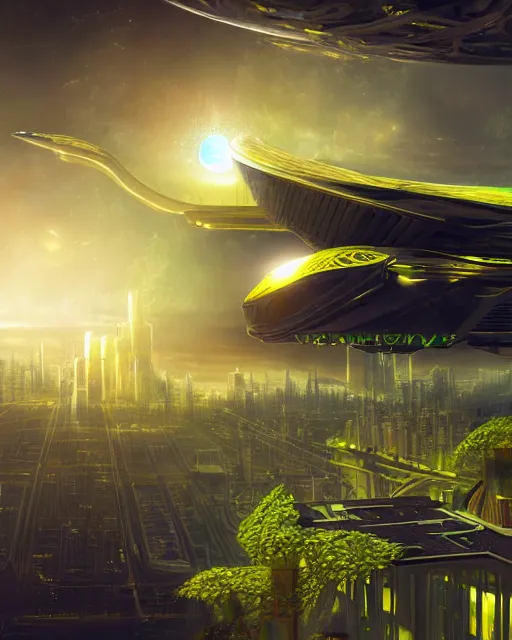 Image similar to Solarpunk space ship, futuristic utopia, scifi, green plants, golden engines, above city, fine details, atmosphere, glow, extreme realistic, trending on artstation