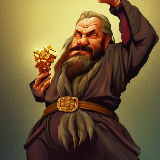 Image similar to portrait of a dwarf showing off the humongous raw gold nugget with organically sculpted lines, realistic, beautiful, fantasy art, dnd, lord of the rings, mid - shot, moody lighting, by eyvind earle, wlop, artgerm, concept art, sharp focus, ray tracing