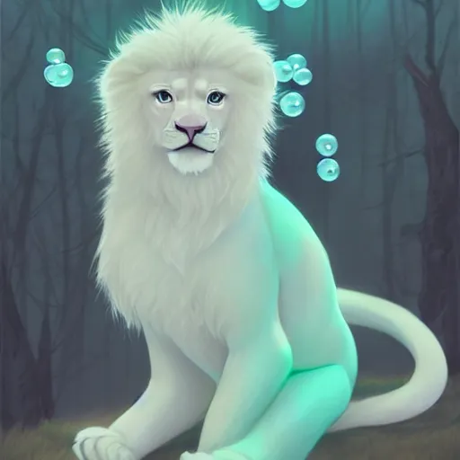 Image similar to aesthetic portrait commission of a albino male furry anthro lion cub popping floating bubbles while wearing a cute mint colored cozy soft pastel winter outfit, winter Atmosphere. Character design by charlie bowater, ross tran, artgerm, and makoto shinkai, detailed, inked, western comic book art, 2021 award winning painting