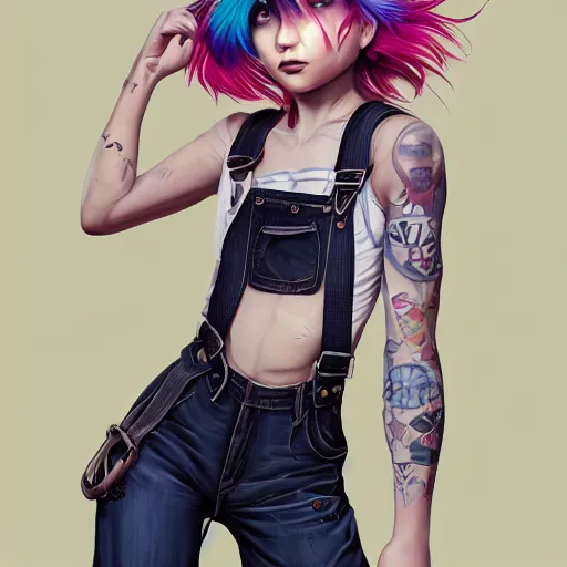 Prompt: a grungy woman with rainbow pixie cut hair, soft eyes and narrow chin, dainty figure, long hair straight down, torn overalls, short shorts, combat boots, gasmask, basic white background, side boob, symmetrical, single person, style of by jordan grimmer and greg rutkowski, crisp lines and color,