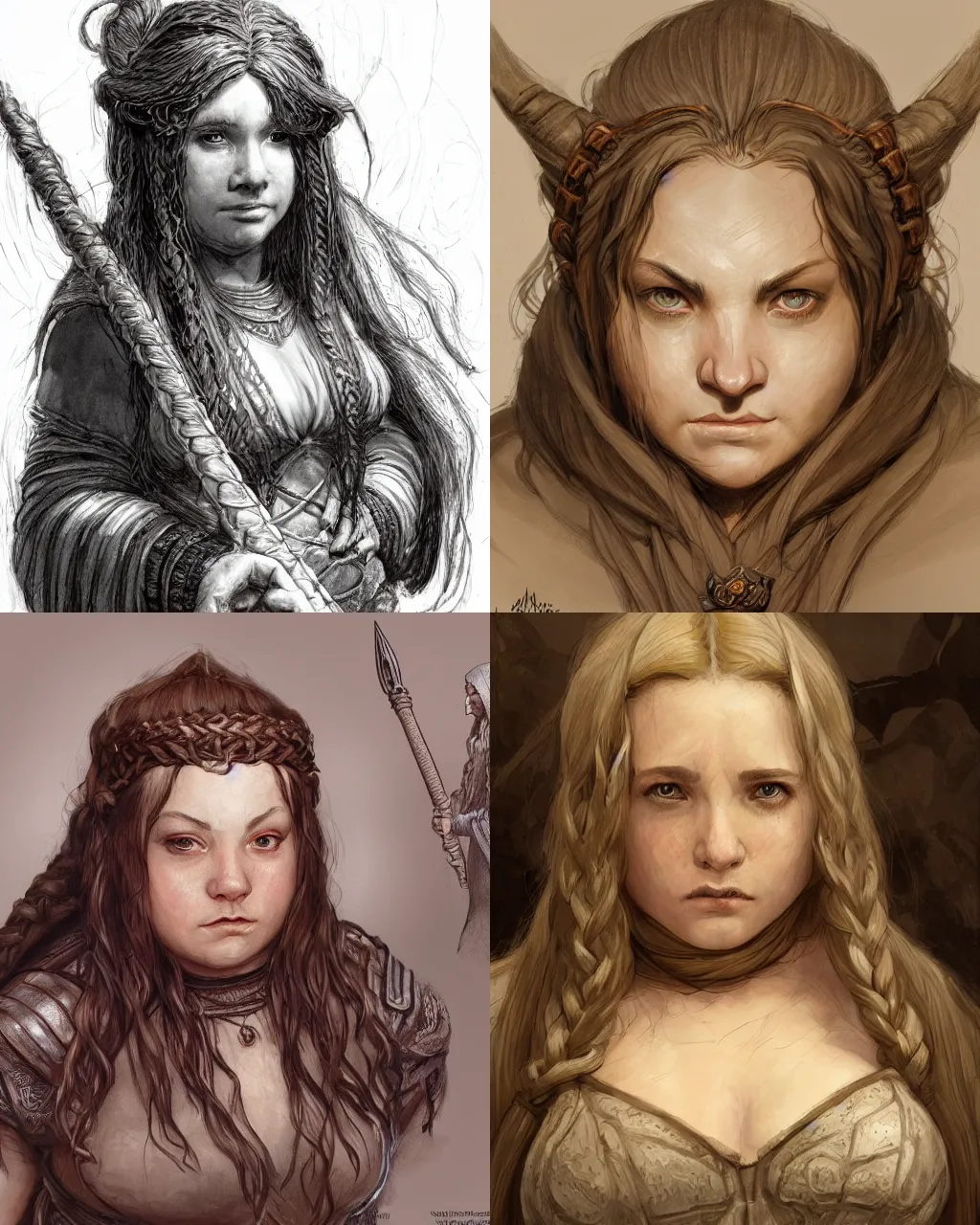 Prompt: valiant chubby female dwarf cleric, highly detailed face, neat intricate braided hair, big nose, realistic, beautiful fantasy art, d & d, lord of the rings, in the style of jeffrey catherine jones and louis janmot, illustration, fantasy, intricate, hyper detailed, artstation, concept art, smooth, sharp focus, ray tracing, vibrant, waist - up