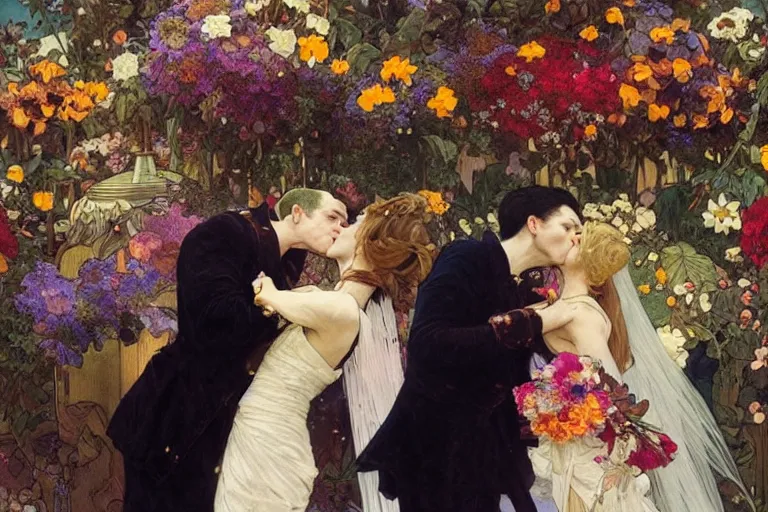 Image similar to the groom kisses the bride at a wedding full of flowers, bright and happy, dreamlike art, highly detail, 4 k realistic, wedding photoy krenz cushart. artem demura. alphonse mucha. yoji shinkawa artgerm. jon lothian. danilo torres. adi meyers. thomas reimann. gaston bussiere.