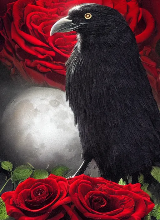 Prompt: moon is important, red and golden color details, portrait, A crow with red eyes in front of the full big moon, book cover, red roses, red white black colors, establishing shot, extremly high detail, foto realistic, cinematic lighting, by Yoshitaka Amano, Ruan Jia, Kentaro Miura, Artgerm, post processed, concept art, artstation, raphael lacoste, alex ross, portrait, A crow with red eyes in front of the full big moon, book cover, red roses, red white black colors, establishing shot, extremly high detail, photo-realistic, cinematic lighting, by Yoshitaka Amano, Ruan Jia, Kentaro Miura, Artgerm, post processed, concept art, artstation, raphael lacoste, alex ross