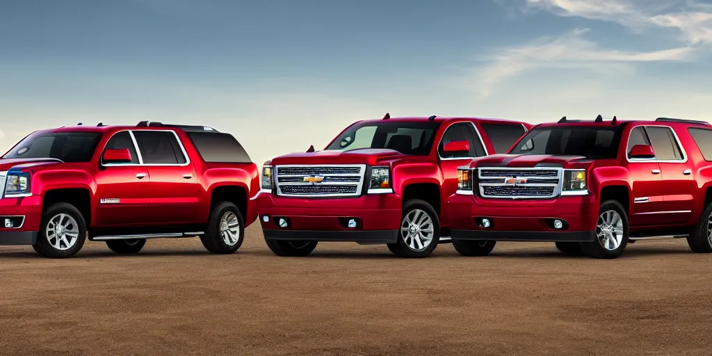 Prompt: Wide shot, a red SUV designed from a 2014 Chevrolet Suburban and 2013 GMC Sierra