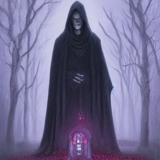 Prompt: a painting of a mysterious man in cloak standing in a graveyard mausoleum, soft vaguely violet color, an ultrafine detailed painting by seb mckinnon, featured on cgsociety, gothic art, darksynth, dark and mysterious, ominous vibe, red leaves on the ground