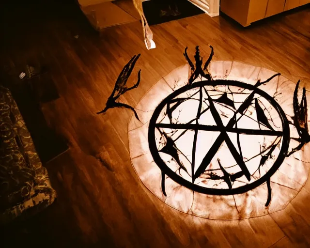 Prompt: transparent horror demon evil spirit attacks in living room with summoning circle pentacle out interior photos shot on iphone, dynamic pose, full body shot, sharp focus, grainy, corpse, paranormal flashlight, deep night,,