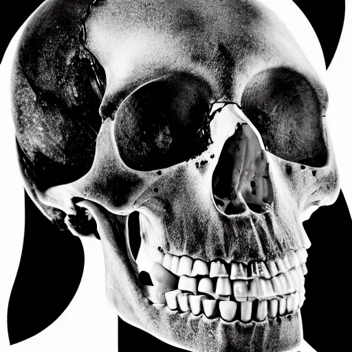 Image similar to professional photograph of a broken human skull, black fluid coming out, black and white, white background, 50mm, bright illumination, black and white, no border cuts