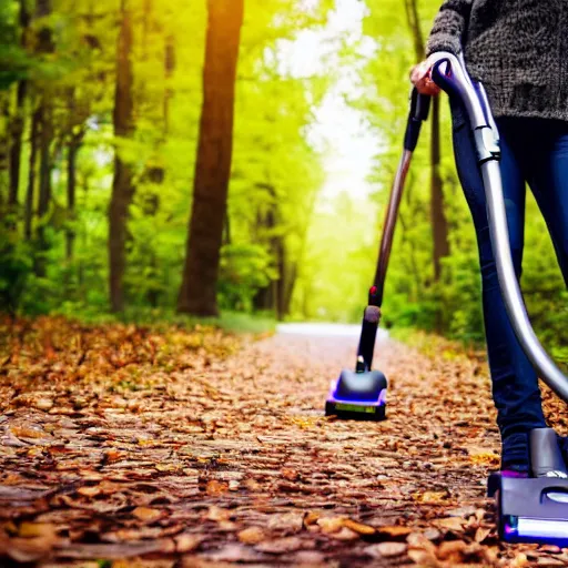 Image similar to lady walking a vacuum in a scary wood