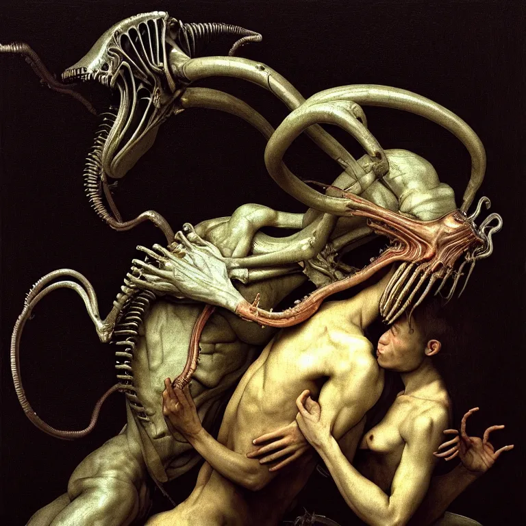 Image similar to portrait of a beautiful man kissing xenomorph by hieronymus bosch, soft bloom lucid dream - like ethereal dark atmosphere, baroque portrait painting, perfect composition, intricate detailed octane render trending on artstation, 8 k artistic photography, volumetric cinematic perfect light, chiaroscuro, masterpiece, raphael, caravaggio, rutkowski, beeple, beksinski