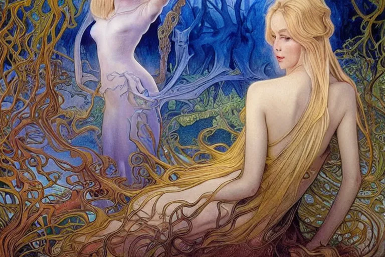 Image similar to realistic detailed portrait painting of a beautiful ghost woman with blond hair with an alien, futuristic sci-fi forest on background by Jean Delville, Amano, Yves Tanguy, Alphonse Mucha, Edward Robert Hughes, Roger Dean, rich moody colours, blue eyes