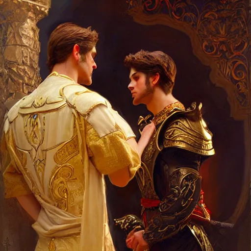 Image similar to attractive fully clothed king confesses his love for his attractive fully clothed male prince. highly detailed painting by gaston bussiere, craig mullins, j. c. leyendecker 8 k