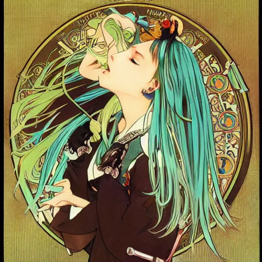 Image similar to hatsune miku, artwork by Alphonse Mucha, highly detailed