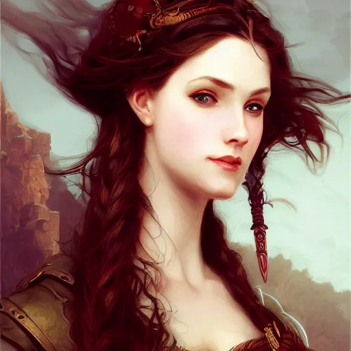 Prompt: 3/4 headshot of female, D&D, cute, fantasy, intricate, long hair, airship, steampunk, red hair, elegant, highly detailed, digital painting, artstation, concept art, smooth, sharp focus, detailed oil painting by Bouguereau
