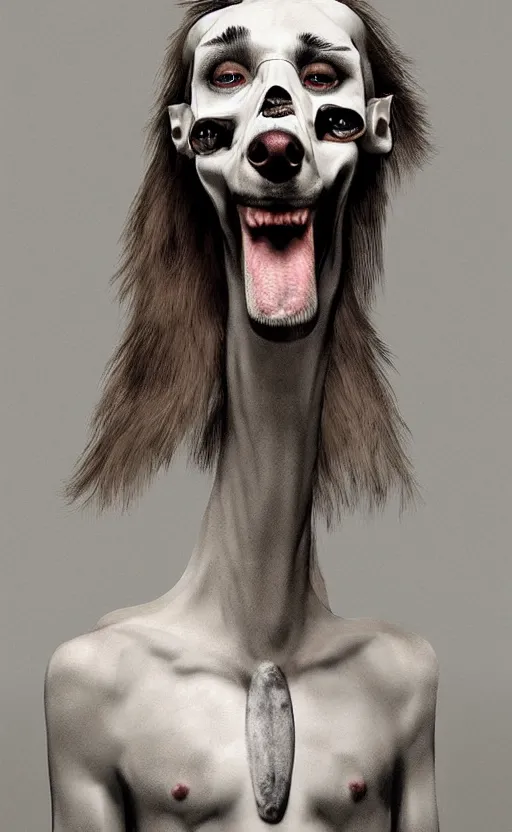 Image similar to human borzoi, human with elongated face and skull, dog man, cute, strange, surreal, hyperrealistic