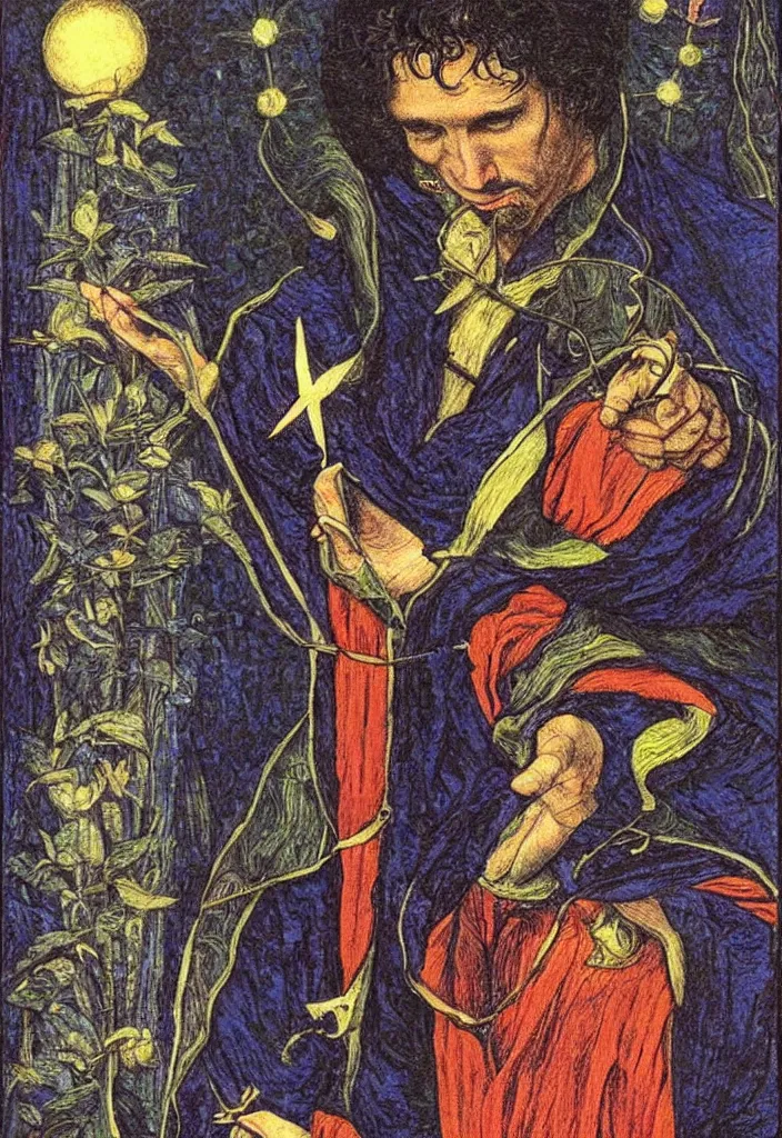 Image similar to Yoshua Bengio as the Magician on the Tarot card. Illustration by preraphaelists.