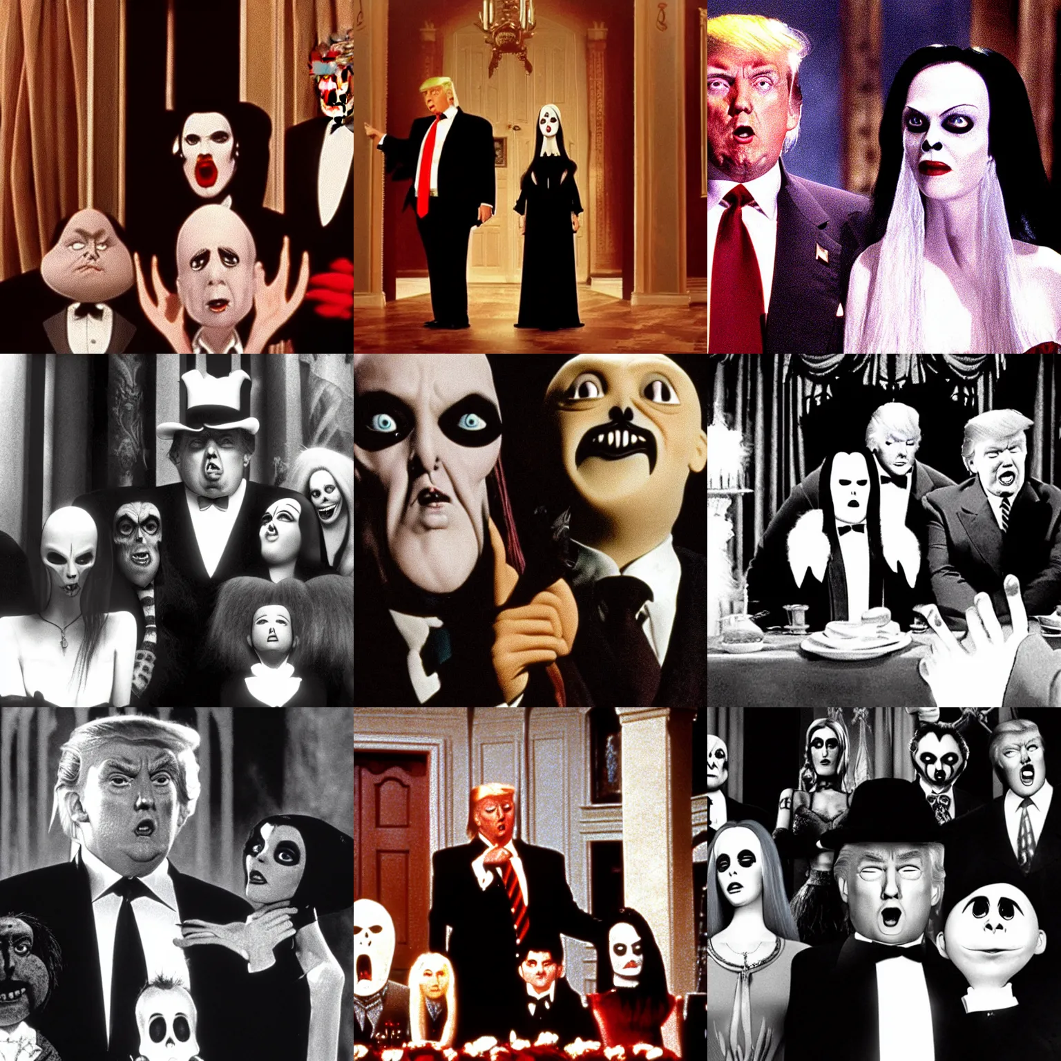 Prompt: donald trump in the addams family ( 1 9 9 1 ), spooky, detailed film still, high quality