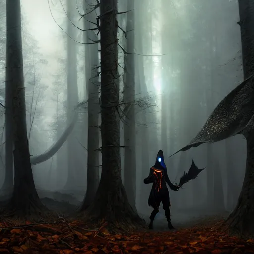 Image similar to cinematic shot, dark hooded mage ( spectre ) using his magic ultimate in the dead forest with leaves falling, symmetrical, 8 k, atmospheric, realistic, made by ivan aivazovsky, peter mohrbacher, greg rutkowski, volumetric light, broad light, fantasy art, sci - fi art, details visible, unreal engine, octane render