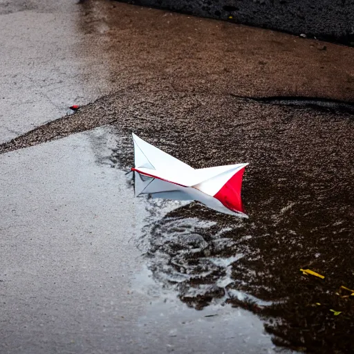 Prompt: long shot, of paper sailboat floating in a puddle near the sewer drain, 4k, HD Photography