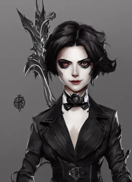 Prompt: a highly detailed illustration of beautiful short black messy haired woman wearing pirate eyepatch and noir style suit and tie, dramatic smiling pose, intricate, elegant, highly detailed, centered, digital painting, artstation, concept art, smooth, sharp focus, league of legends concept art, WLOP