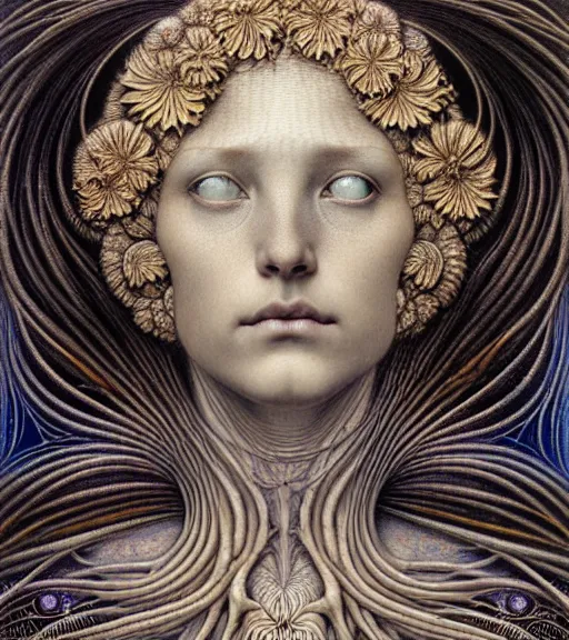 Prompt: detailed realistic beautiful radiant goddess face portrait by jean delville, gustave dore, iris van herpen and marco mazzoni, art forms of nature by ernst haeckel, art nouveau, symbolist, visionary, gothic, neo - gothic, pre - raphaelite, fractal lace, intricate alien botanicals, biodiversity, surreality, hyperdetailed ultrasharp octane render