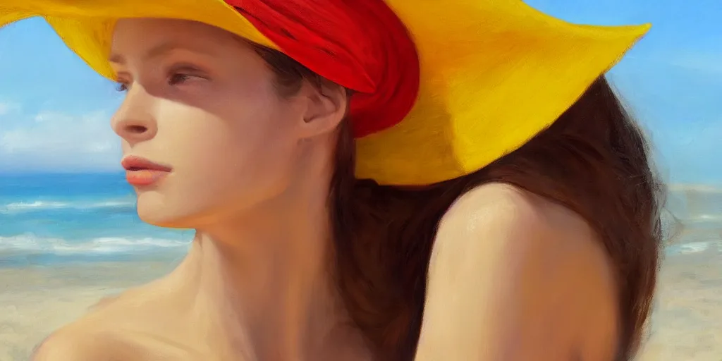 Image similar to beautiful oil matte portrait painting, young woman with red dress and mustard yellow summer hat at a beach on a sunny day, wonderful masterpiece highly detailed, beautiful cinematic light deep focus, elegant, digital painting, smooth, sharp focus, golden ratio, dramatic illumination, ultra realistic, 8 k, art by jimmy law