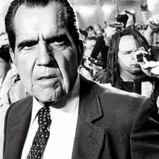 Prompt: photograph of richard nixon as a punk rocker, with a green mohawk and a studded denim jacket