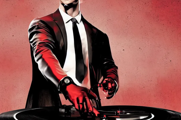 Image similar to an expressive portrait of agent 4 7 from hitman wearing headphones and putting a vinyl record onto a turntable, dark background, red rim light, digita, l