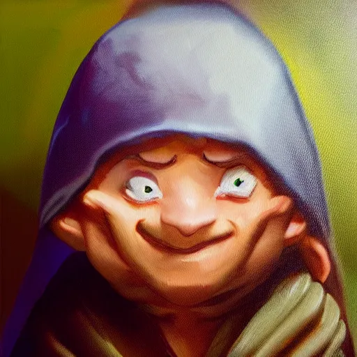 Image similar to An oil painting by Beeple of a Halfling thief, scared face, handsome, dressed in a cloak