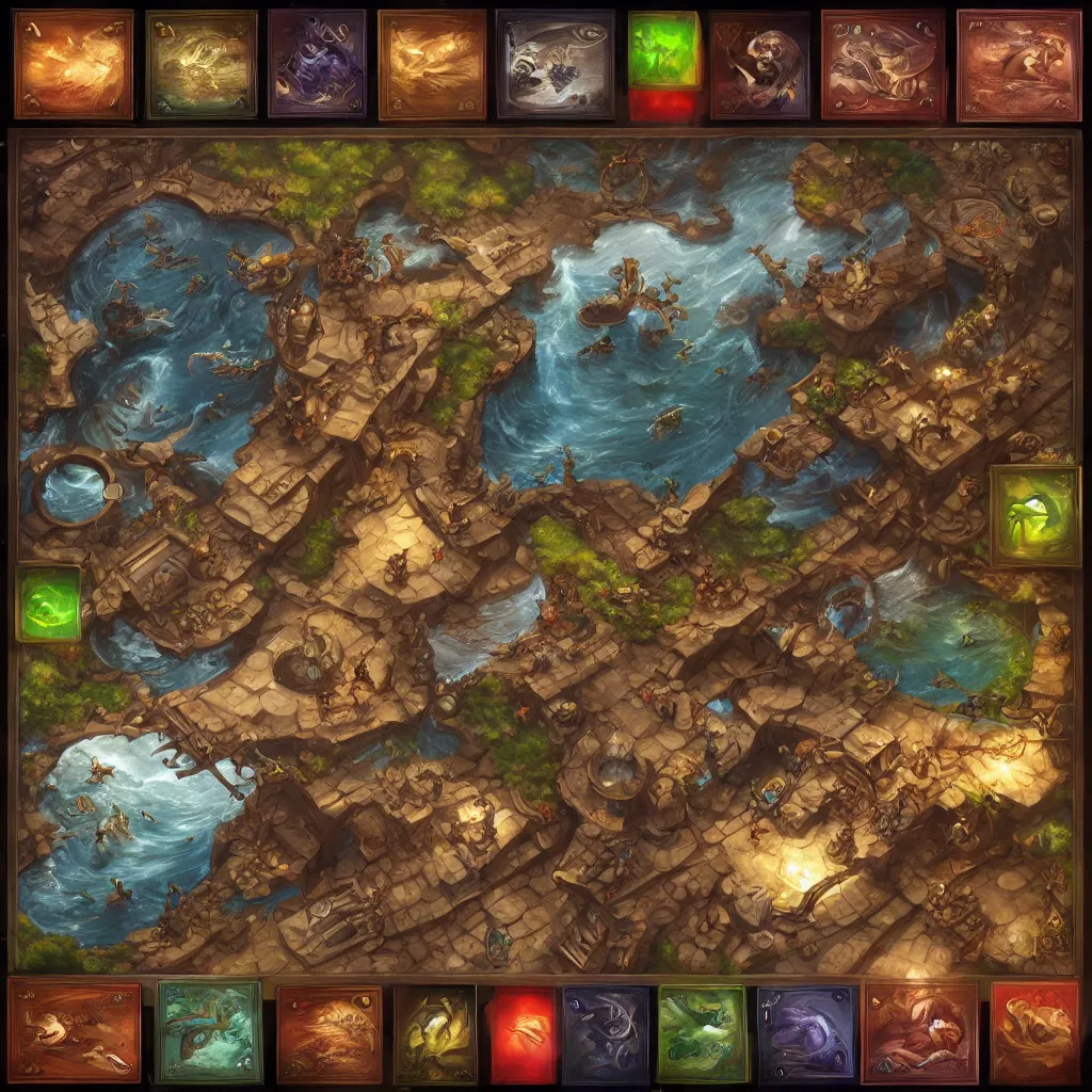 Prompt: a beautiful tabletop game board, board with several spaces to move, realistic painting, intrincated, very detailed, fantasy, dnd, character design, trending on artstation, top view, 7 wonders duel style