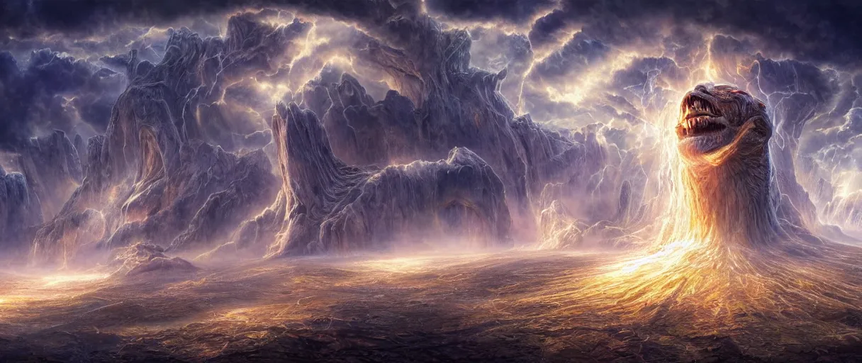 Image similar to A terrifying giant monster made of honey, beautiful atmosphere, god rays, masterpiece digital painting by Alex Grey, Greg Rutkowski, 4k wallpaper