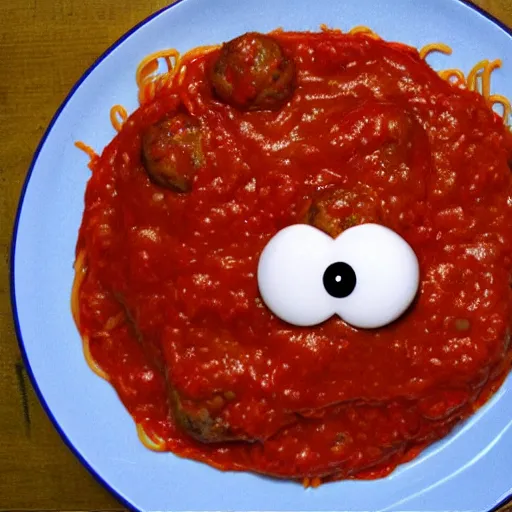 Prompt: Spaghetti monster with eyes on a plate in tomato paste, meatballs, people control, religion, comic book, takeover of the worlds, mind control