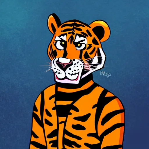 Image similar to A full-body portrait of Tony The Tiger dressed in gothic clothing and wearing eyeliner. Digital painting.