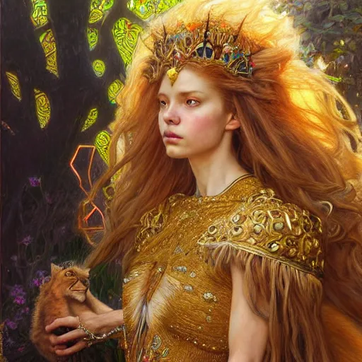 Image similar to highly detailed full portrait of a enchanted lioness in the form of a beautiful young princess. d & d, art by donato giancola and ruan jia and carl larsson and magali villeneuve. trending on artstation, intricate details, energetic composition, golden ratio, concept art, illustration, elegant art