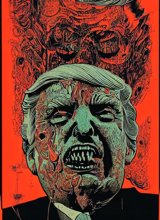 Image similar to risograph of donald trump's grotesque true form revealed, horror, high details, intricate details, by vincent di fate, artgerm julie bell beeple, 1 9 8 0 s, inking, vintage 8 0 s print, screen print