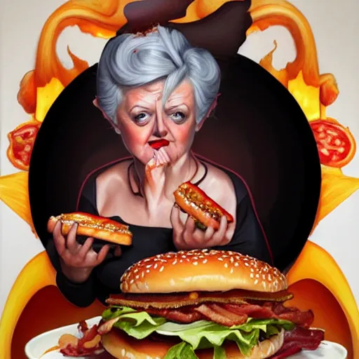 Prompt: detailed full body concept art illustration oil painting of Angela Lansbury consuming hamburgers, extra ketchup, bacon lettuce and tomatos, oriental art nouveau, frock, mid body, radiant halo of light, black gold smoke ink, woman covered in bacon and cheese, peter mohrbacher, artgerm