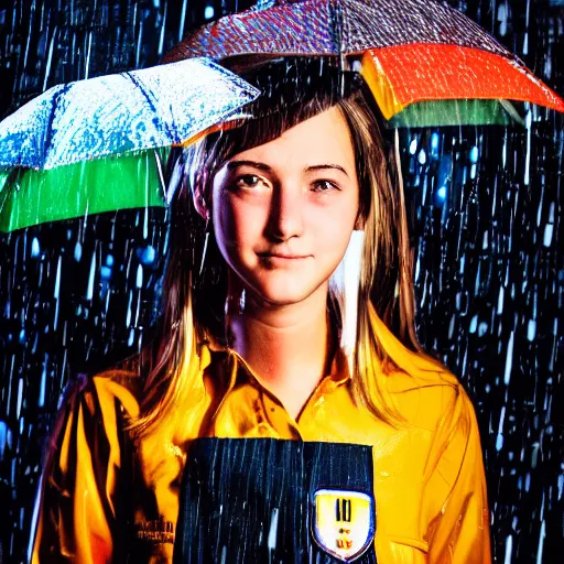 Image similar to night flash portrait photography of a high school girl in uniform on the lower east side by annie leibovitz, colorful, nighttime!, raining!