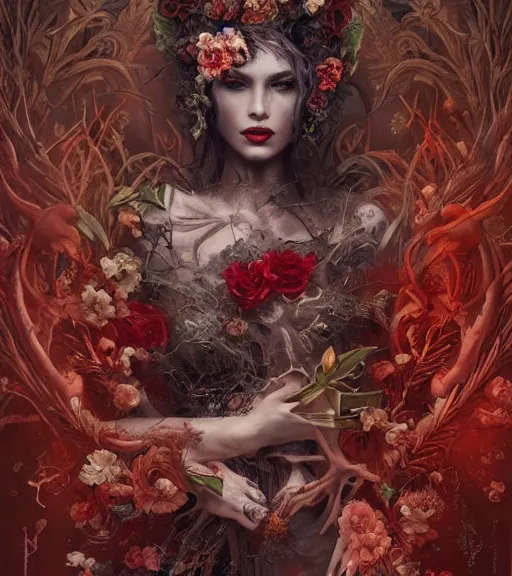 Image similar to portrait of the supreme queen of the blood cult, surrounded by skulls and overgrowth and dark flowers by karol bak, James Jean, tom bagshaw, rococo, trending on artstation, fantasy magic, fashion girl cinematic lighting, hyper realism, octane render, 8k, hyper detailed.