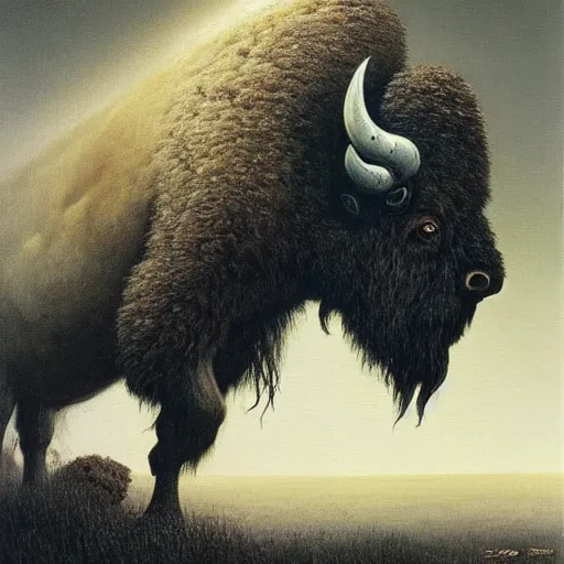 Prompt: bison as dark souls monster by zdzisław beksiński