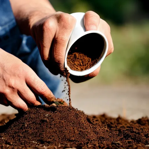 Prompt: a man mixing soil from the farm ground into a coffee mug, close up photo