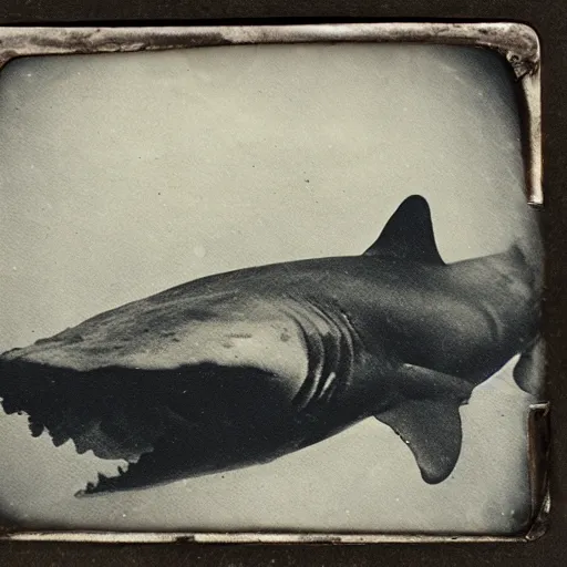 Image similar to underwater tintype photo of whale eating a shark