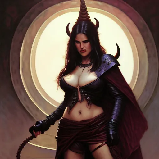 Image similar to portrait of sunny leone as a surly and resentful female tiefling thief with small horns clothed in leather armor and a cloak, angry expression, by Greg Rutkowski and John Collier and Krenz Cushart and Artem Demura and Alphonse Mucha and Albert Aublet, as seen on ArtStation, 4k, dungeons and dragons, very aesthetic, very detailed, intricate, unreal, fantasy, dramatic, painterly, artstation, sharp focus, smooth