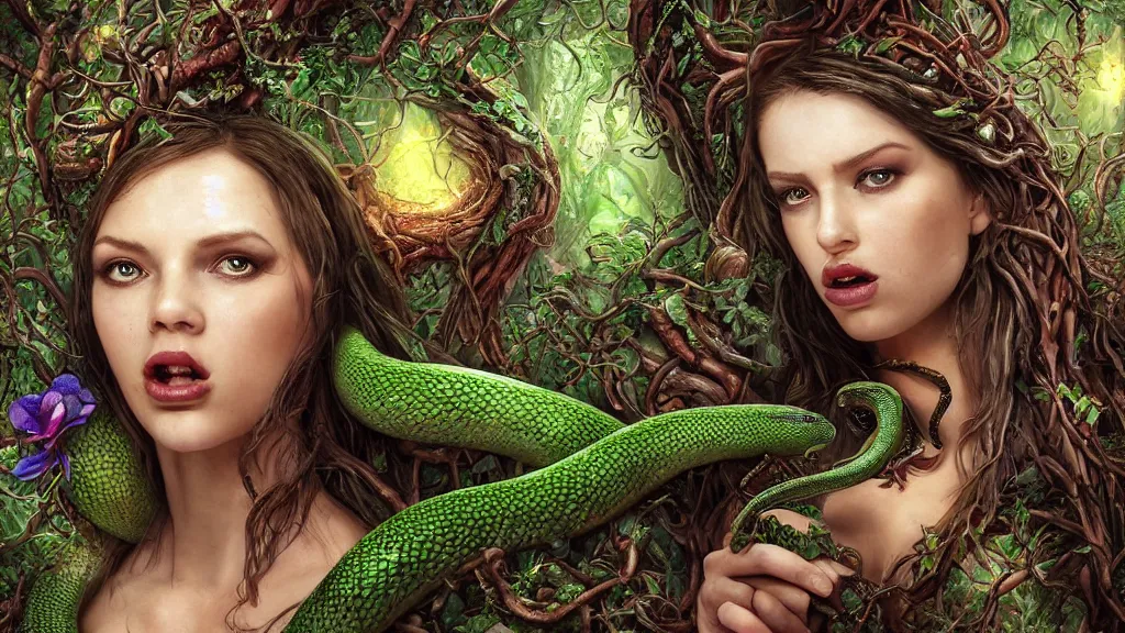 Image similar to portrait high definition photograph beautiful woman with a snake tongue licking an apple fantasy character art, hyper realistic, pretty face, hyperrealism, iridescence water elemental, snake skin armor forest dryad, woody foliage, 8 k dop dof hdr fantasy character art, by aleski briclot and alexander'hollllow'fedosav and laura zalenga