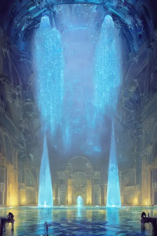 Image similar to inside of an atlantis palace, bioluminescent light, fountain, crystals, intricate, elegant, volumetric lighting, digital painting, highly detailed, artstation, sharp focus, illustration, concept art, ruan jia, steve mccurry