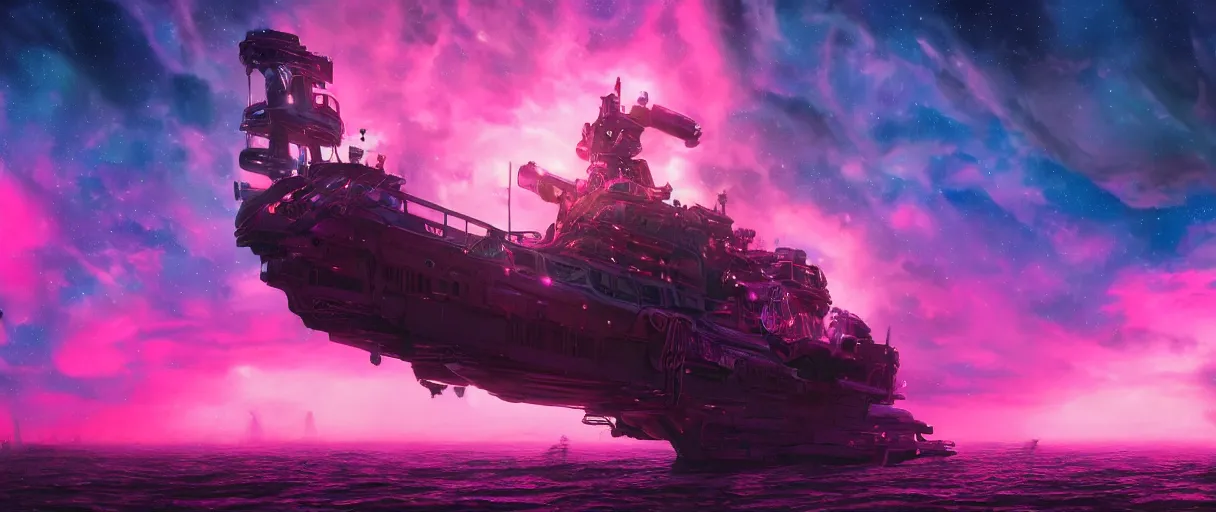 Prompt: space, hyperdetailed illustration, portrait big dark dog, neon ship, mohawk, stars, pink, neon, oil painting, rich deep colors masterpiece, pirate neon ship, ultra detailed, contrast, heaven pink, clouds, volumetric light, atmospheric lighting, dramatic, cinematic, moody, octane render 4 k, 8 k