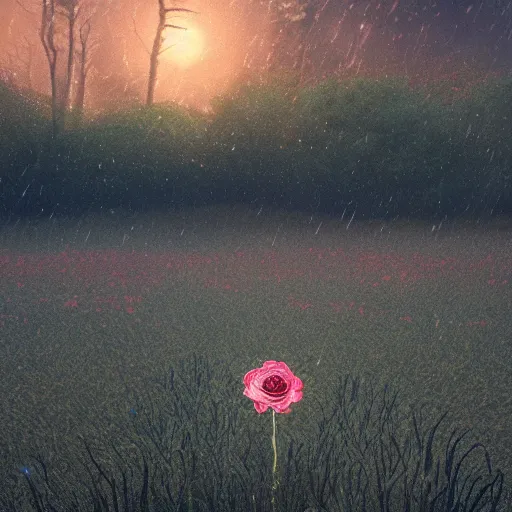 Prompt: a lone flower on a dead ash fire - burned field, cloudy, raining, unreal 5 render, studio ghibli, tim hildebrandt, digital art, octane render, beautiful composition, trending on artstation, award - winning photograph, masterpiece